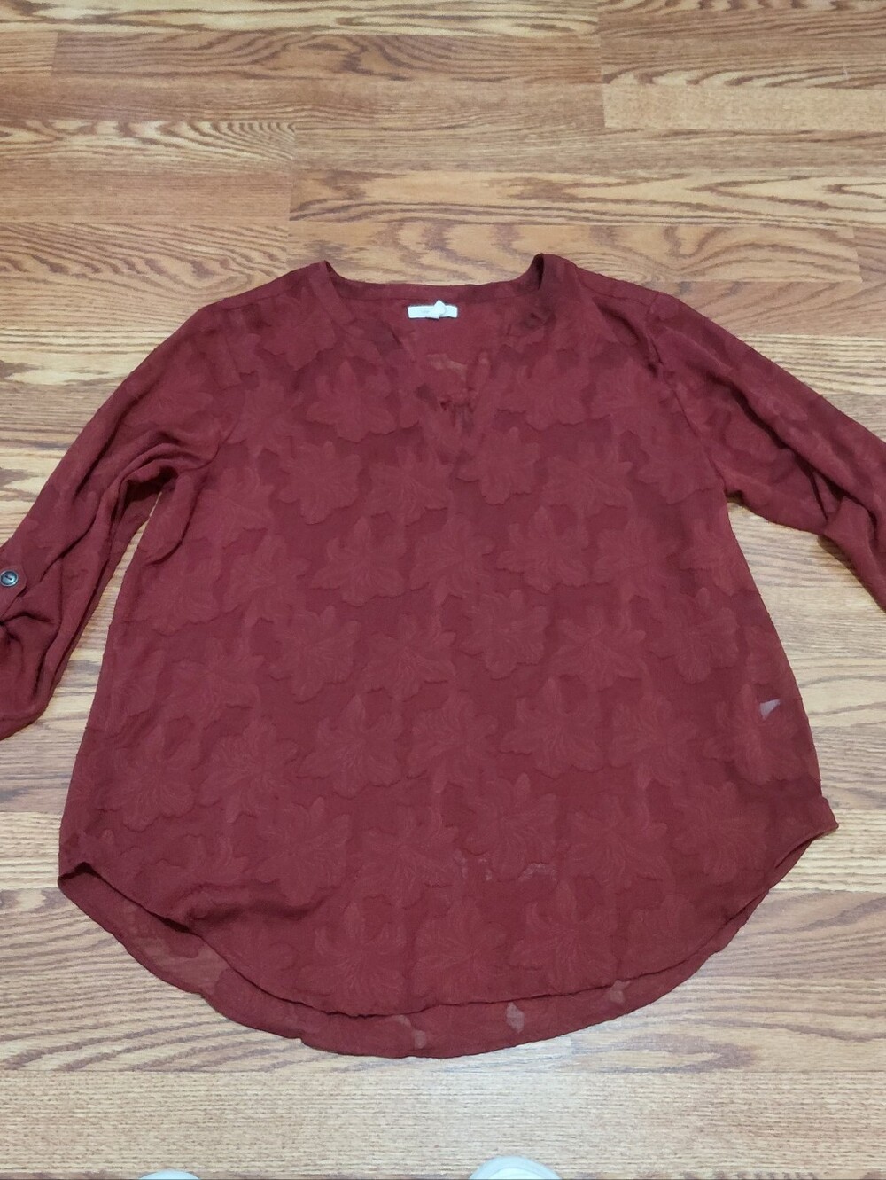 Maurices Rust Textured V-Neck Tunic Top Womens Size L Floral Sheer Blouse